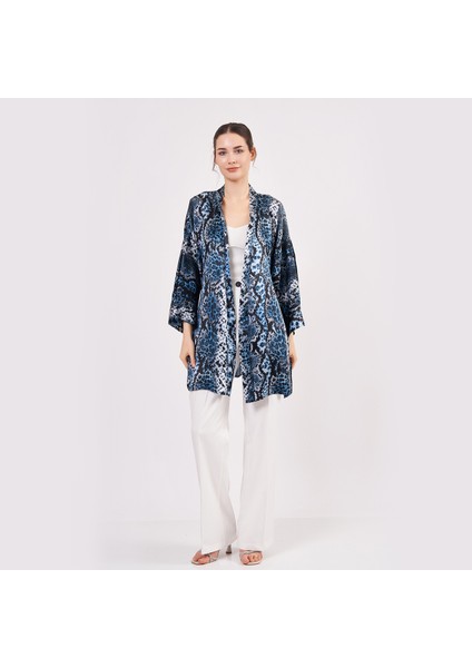 Saf Ipek Kısa Kimono Kaftan | Yılan Derisi Desen Mavi | Nomads Felt