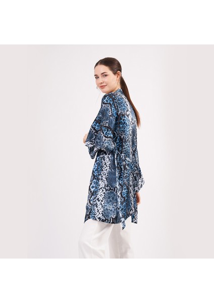 Saf Ipek Kısa Kimono Kaftan | Yılan Derisi Desen Mavi | Nomads Felt