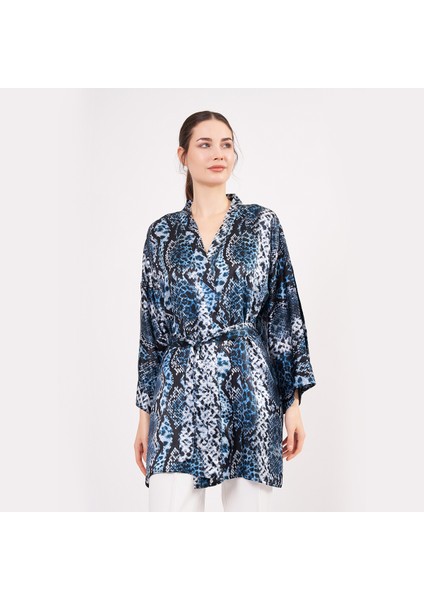 Saf Ipek Kısa Kimono Kaftan | Yılan Derisi Desen Mavi | Nomads Felt