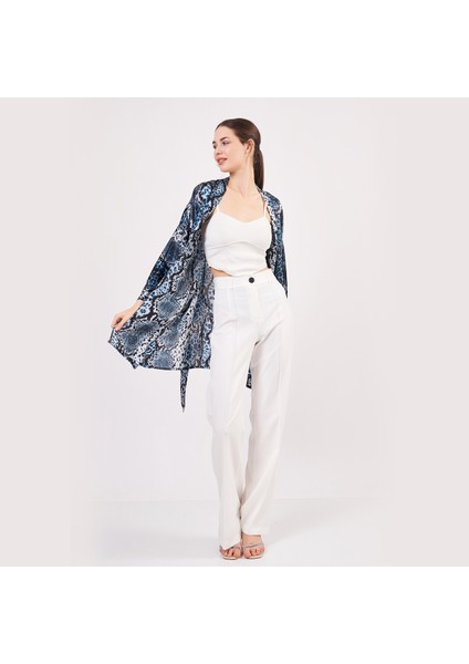 Saf Ipek Kısa Kimono Kaftan | Yılan Derisi Desen Mavi | Nomads Felt