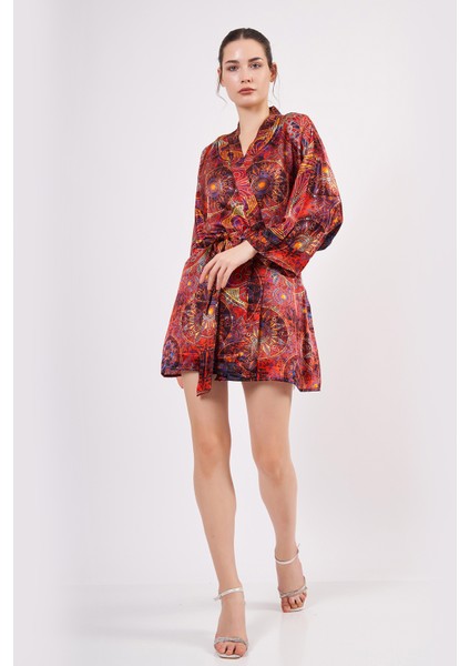 Saf Ipek Kısa Kimono Kaftan | Mandala Desen Kırmızı | Nomads Felt