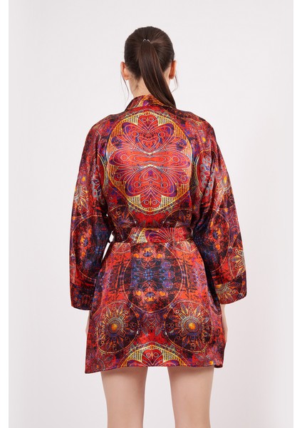 Saf Ipek Kısa Kimono Kaftan | Mandala Desen Kırmızı | Nomads Felt modelleri