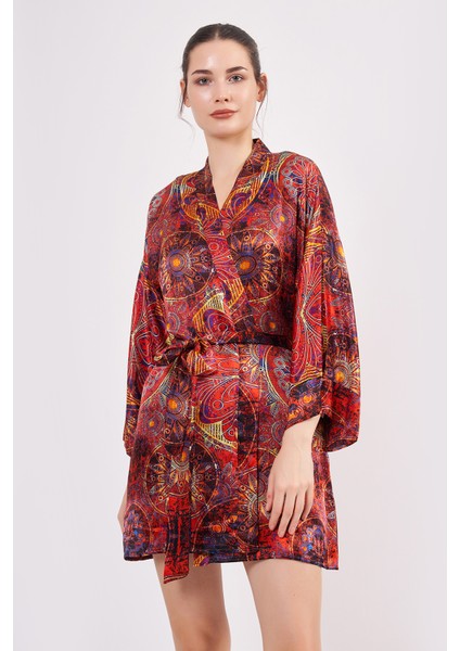 Saf Ipek Kısa Kimono Kaftan | Mandala Desen Kırmızı | Nomads Felt fırsatları