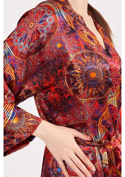 Saf Ipek Kısa Kimono Kaftan | Mandala Desen Kırmızı | Nomads Felt indirimleri