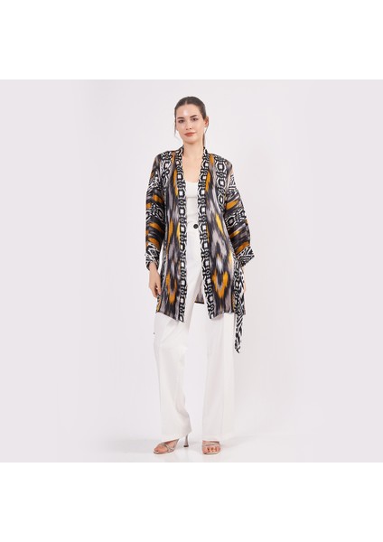 Nomads Felt Saf Ipek Kısa Kimono Kaftan | Ikat Desen 8 | Nomads Felt