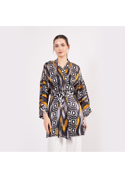 Nomads Felt Saf Ipek Kısa Kimono Kaftan | Ikat Desen 8 | Nomads Felt