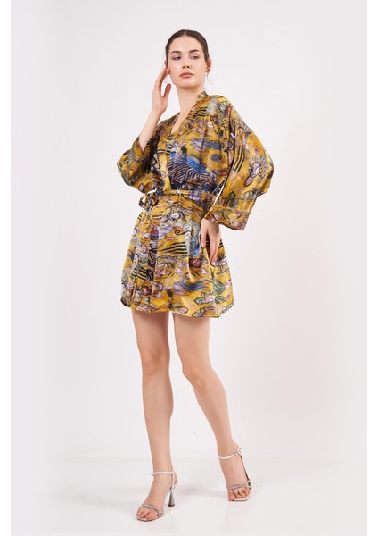 Saf Ipek Kısa Kimono Kaftan | Gold Desenli | Nomads Felt