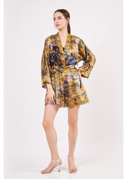Saf Ipek Kısa Kimono Kaftan | Gold Desenli | Nomads Felt