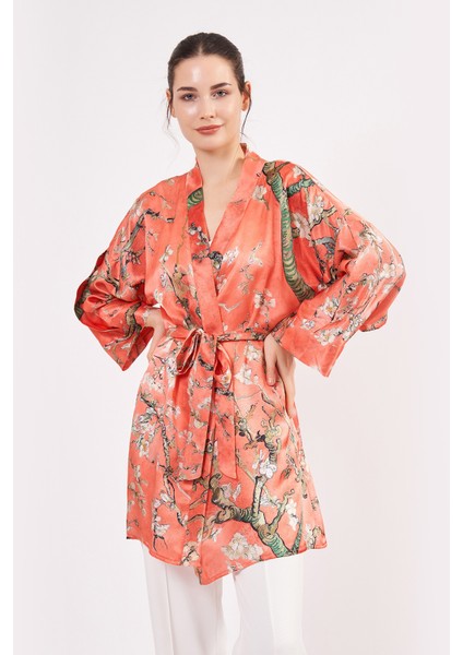 Saf Ipek Kısa Kimono Kaftan | Van Gogh Badem Ağacı Nar Çiçeği | Nomads Felt