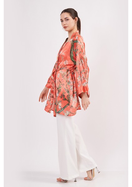 Saf Ipek Kısa Kimono Kaftan | Van Gogh Badem Ağacı Nar Çiçeği | Nomads Felt