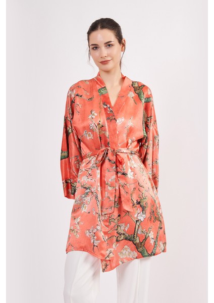 Saf Ipek Kısa Kimono Kaftan | Van Gogh Badem Ağacı Nar Çiçeği | Nomads Felt