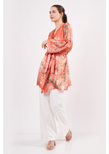 Saf Ipek Kısa Kimono Kaftan | Van Gogh Badem Ağacı Nar Çiçeği | Nomads Felt