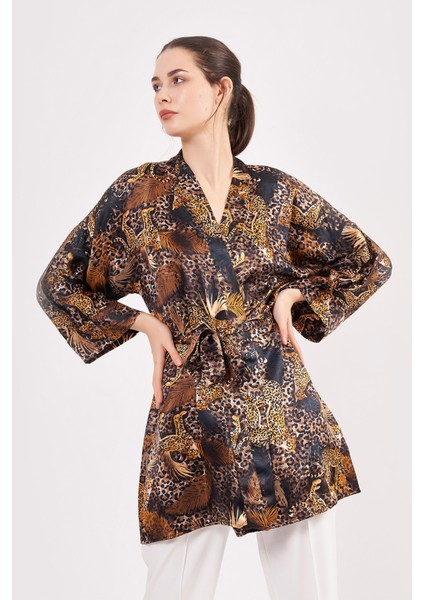 Saf Ipek Kısa Kimono Kaftan | Leopar Desen | Nomads Felt