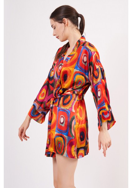 Saf Ipek Kısa Kimono Kaftan | Kandinsky Squares With Circles | Nomads Felt
