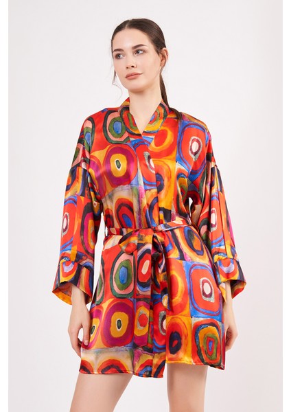 Saf Ipek Kısa Kimono Kaftan | Kandinsky Squares With Circles | Nomads Felt
