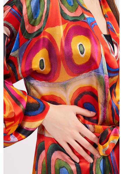 Saf Ipek Kısa Kimono Kaftan | Kandinsky Squares With Circles | Nomads Felt
