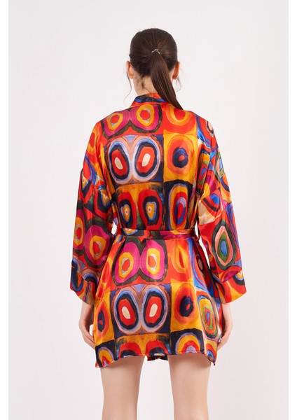 Saf Ipek Kısa Kimono Kaftan | Kandinsky Squares With Circles | Nomads Felt