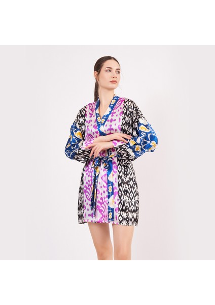 Saf Ipek Kısa Kimono Kaftan | Ikat Desen 1 | Nomads Felt