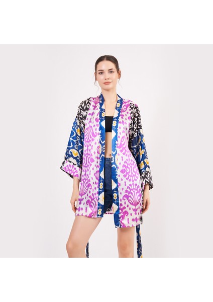 Saf Ipek Kısa Kimono Kaftan | Ikat Desen 1 | Nomads Felt