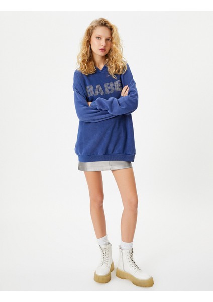 Uzun Kapşonlu Sweatshirt Işlemeli Şardonlu Pamuklu Rahat Kalıp fiyatları