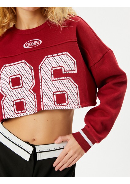 Baskılı Crop Sweatshirt Uzun Kollu Bisiklet Yaka Pamuklu indirimleri