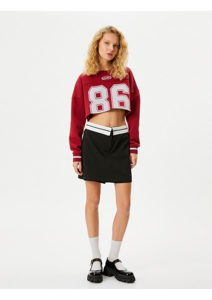 Baskılı Crop Sweatshirt Uzun Kollu Bisiklet Yaka Pamuklu