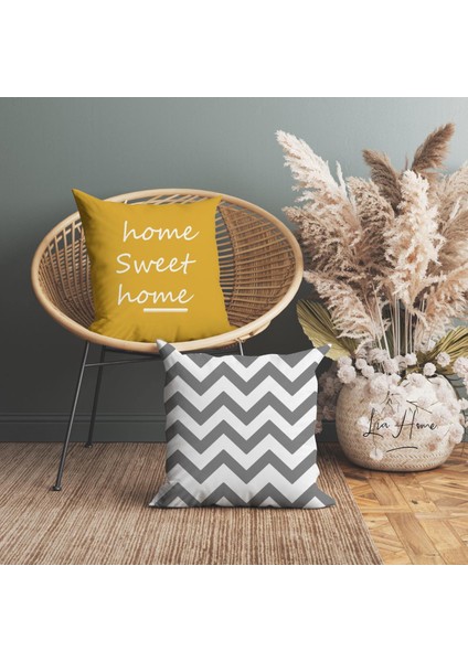 Home Sweet Home Yazılı ve Zigzag Desenli Çift Taraflı Dekoratif 2'li Kırlent Kılıfı Seti