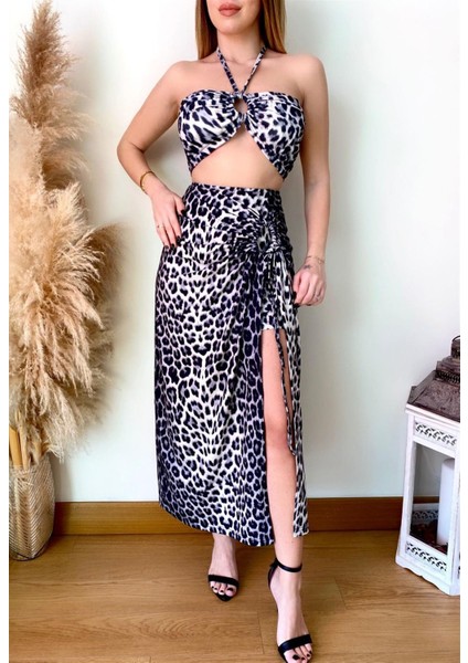 Leopar Crop Etekli Takım - Siyah Beyaz