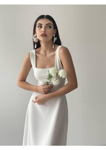 Beyaz Colliope Kare Yaka Midi Boy Elbise -00037 modelleri