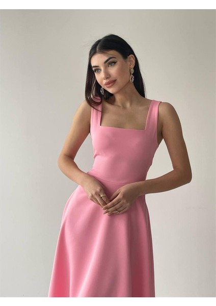 Pembe Calliope Kare Yaka Midi Boy Elbise -00037