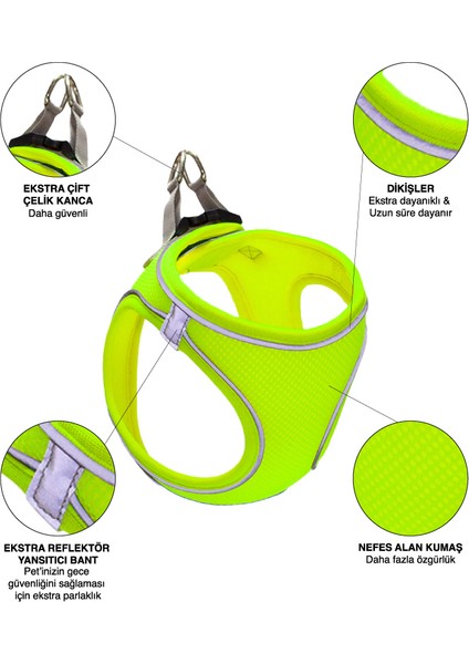 Air Mesh Kedi Köpek Göğüs Tasması Çift Reflektörlü, Terletmeyen Neon Yeşil / Neon Green