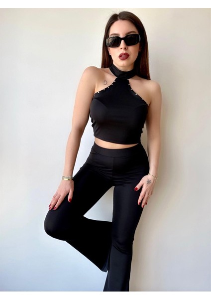 Taş Detaylı Crop Pantolon Takım - Siyah