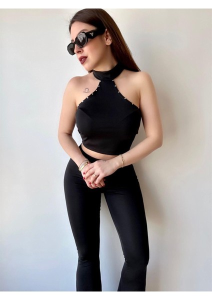 Taş Detaylı Crop Pantolon Takım - Siyah