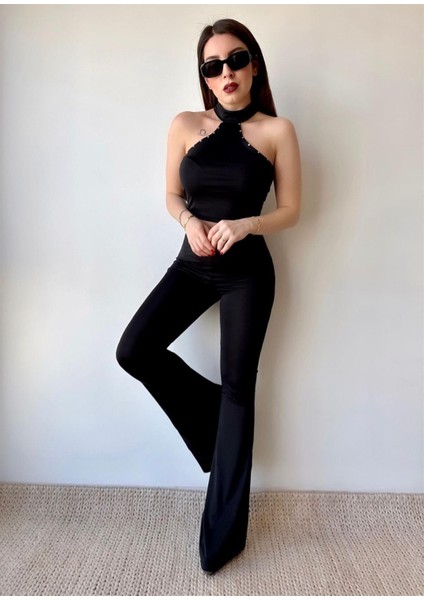 Taş Detaylı Crop Pantolon Takım - Siyah
