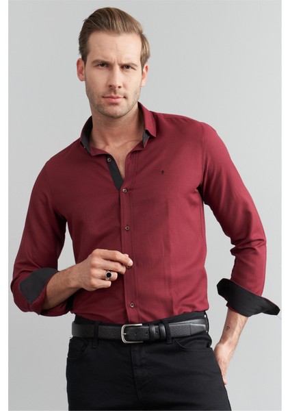 Çetinkaya Mentality 1889 Oxford Uzun Kol Slim Fit Bordo Gömlek