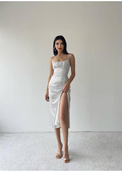 Nokta Desen Saten Beyaz Yırtmaçlı Elbise fiyatları