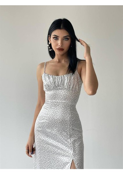 Nokta Desen Saten Beyaz Yırtmaçlı Elbise modelleri