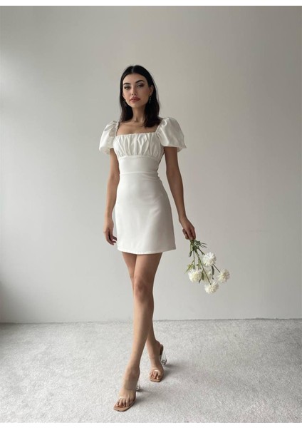 Beyaz Sırt Atlas Elbise -6751