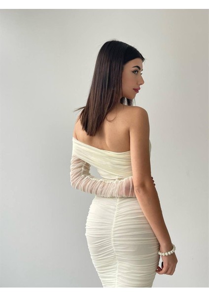 Tek Kollu Tül Drapeli Kırık Beyaz Elbise-6682