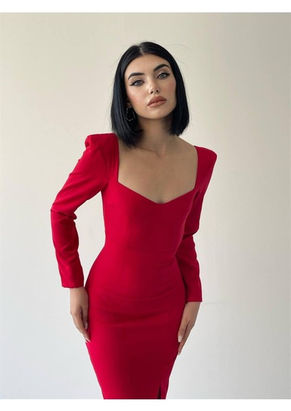 Clara Kalp Yaka Uzun Kol Midi Boy Elbise Kırmızı