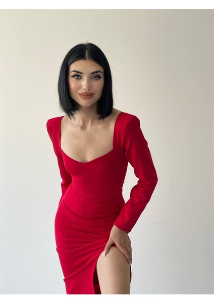 Clara Kalp Yaka Uzun Kol Midi Boy Elbise Kırmızı