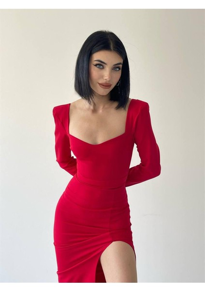 Clara Kalp Yaka Uzun Kol Midi Boy Elbise Kırmızı