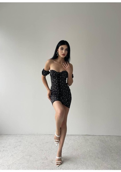 Karla Siyah Mini Elbise