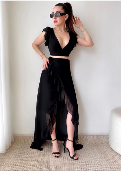 Laura Astarlı Şifon Anvelop Etek&crop Siyah Takım