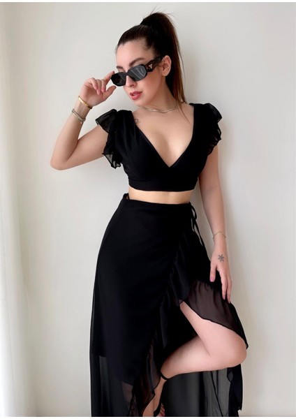 Laura Astarlı Şifon Anvelop Etek&crop Siyah Takım fiyatları
