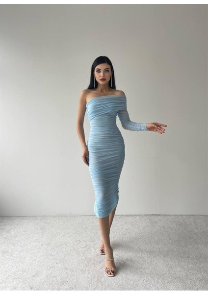 Tek Kol Tül Midi Boy Mavi Elbise-6682