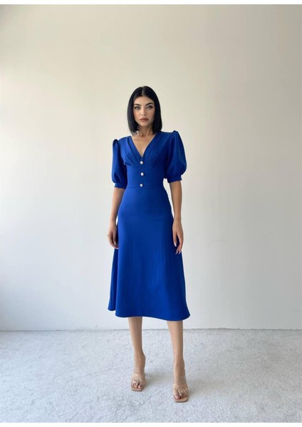 Saks Linda Önü Düğmeli Midi Elbise