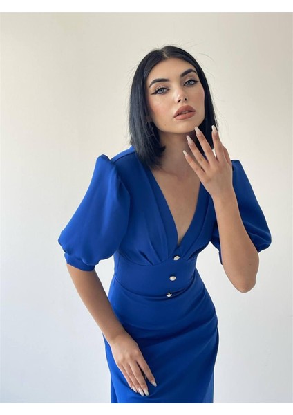 Saks Linda Önü Düğmeli Midi Elbise