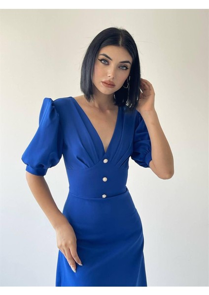 Saks Linda Önü Düğmeli Midi Elbise