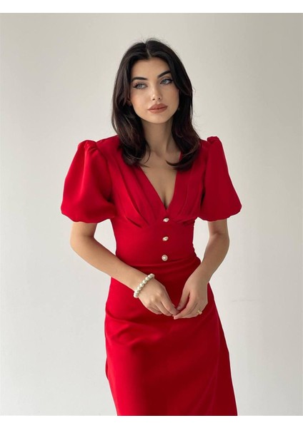 Kırmızı Linda Önü Düğmeli Midi Elbise